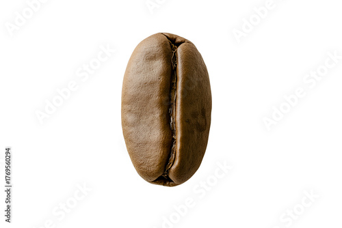 A single coffee bean sitting alone on a stark white background