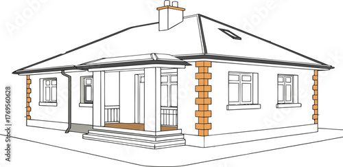 Architectural Harmony: A meticulously rendered architectural illustration of a quintessential bungalow, showcasing clean lines, a classic aesthetic, and a sense of timeless elegance. 