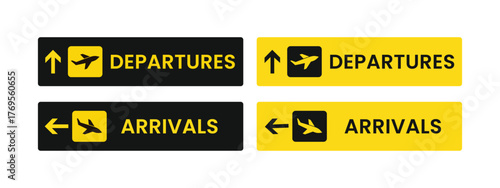 Airport sign vector with arrivals, departures, baggage claim, and transfer directions, information board signs for airport navigation, check-in and travel guidance panel