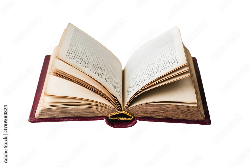 Fototapeta premium A worn maroon leather-bound book with gold lettering on the spine, open to a random page, isolated on white background 