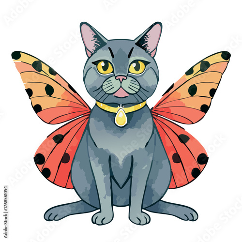 watercolor illustration of an elegant Exotic Shorthair cat sitting tall and poised, dressed as a regal ladybug