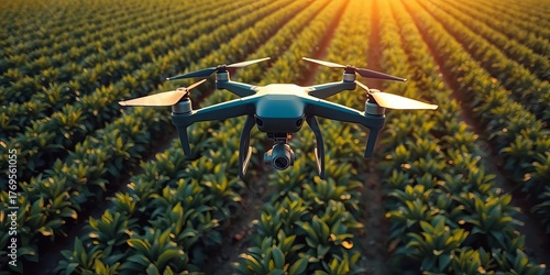 Drone flying over lush green agricultural field, capturing high-resolution imagery, digital agriculture, analysis