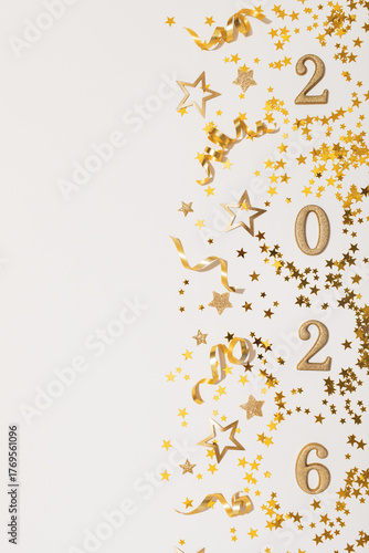 Photography 2026 Happy New Year golden glittering numbers top view, flat lay.