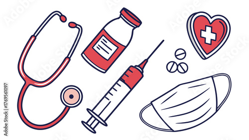 Essential medical supplies, stethoscope, syringe, mask, and pills for health care and wellness, ideal for clinic branding, healthcare promotions, and medical awareness