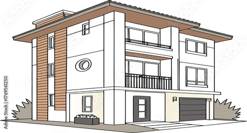 Modern Architectural Facade: An illustration of a contemporary house, embodying the aesthetics of modern architecture, showcasing clean lines and a minimalist design. 