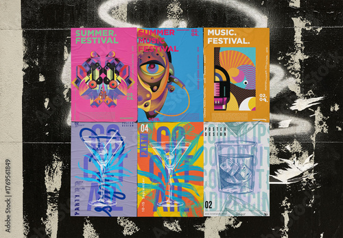 six Blank Posters are stuck on a textured wall in an urban setting in London.