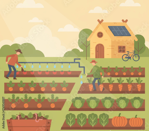 Sustainable farming practices and rural landscape illustration