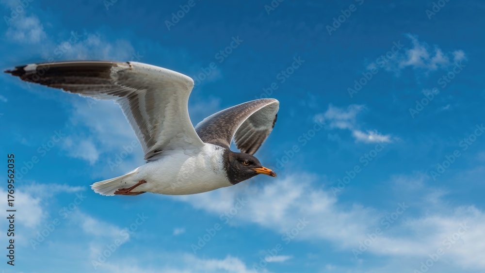 Obraz premium Close-up of black-backed gull flying on blue sky background