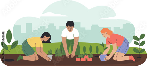 People Planting Vegetables and Flowers in Urban Community Garden Flat Illustration