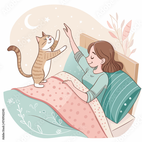 A woman waking up in bed with her cat, A concept of a cozy morning and pet companionship, Vector illustration - Generative AI