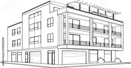 Contemporary Urban Facade: A meticulously crafted architectural illustration of a modern building, showcasing sleek lines and innovative design, evokes a sense of urban sophistication.