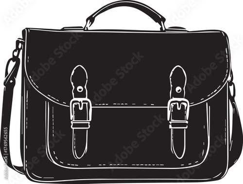 Briefcase silhouette — black and white illustration of satchel-style business bag with handle, shoulder strap, and buckle details
