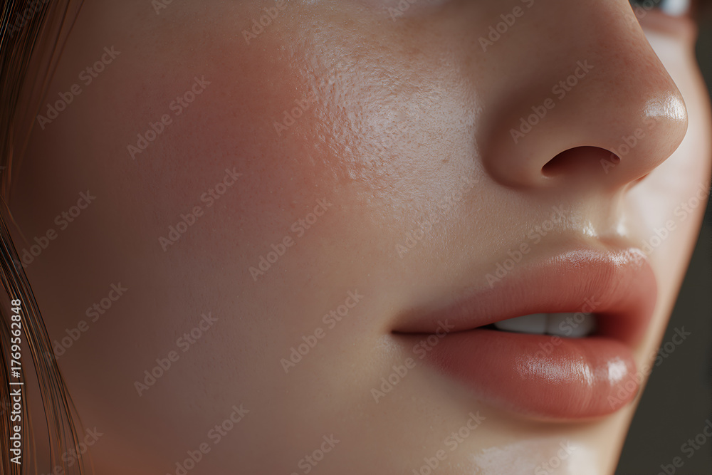 Obraz premium macro photo focusing on the lips and lower face of a woman with soft natural makeup. The smooth skin texture, subtle lighting, and warm tone create a sensual yet elegant aesthetic