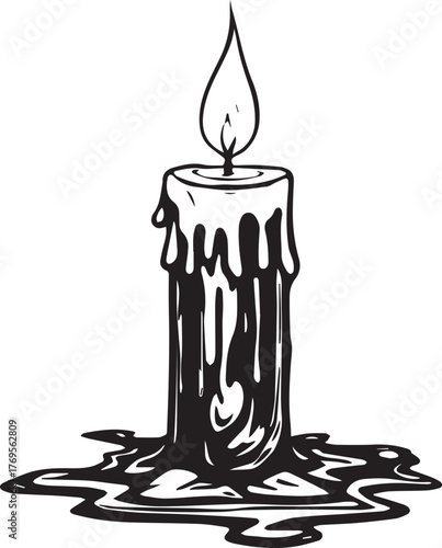 Burning candle silhouette — black and white illustration of lit wax candle with dripping texture and flame symbol of light and time