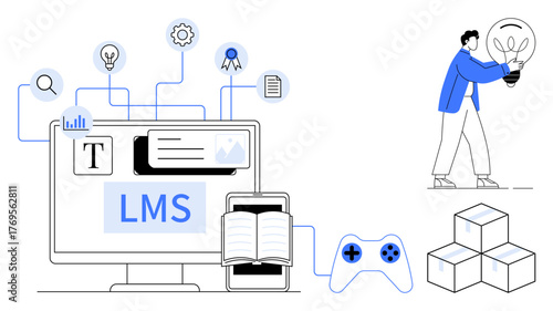 Desktop with LMS interface, charts, open book, and digital symbols connected by lines. Person holding lightbulb, gaming controller, and cubes. Ideal for e-learning, gamified education innovation