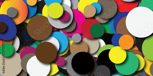 Dense overlapping arrangement of diverse colorful circles with varying sizes and soft shadows creating a rich textured abstract background pattern