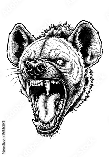 Detailed illustration of a hyena head with its mouth wide open, showing teeth and tongue, in a black and white drawing.