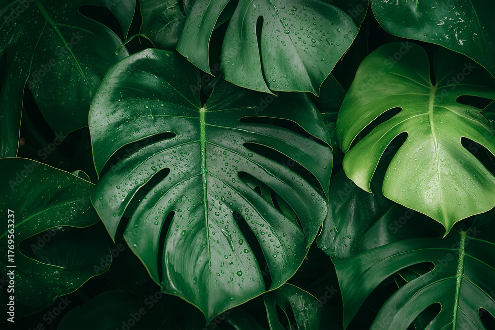 Fototapeta premium Close-up shot of lush green Monstera leaves covered with water droplets. The rich texture, deep green hues, and glossy surface evoke freshness, tropical nature, and relaxation