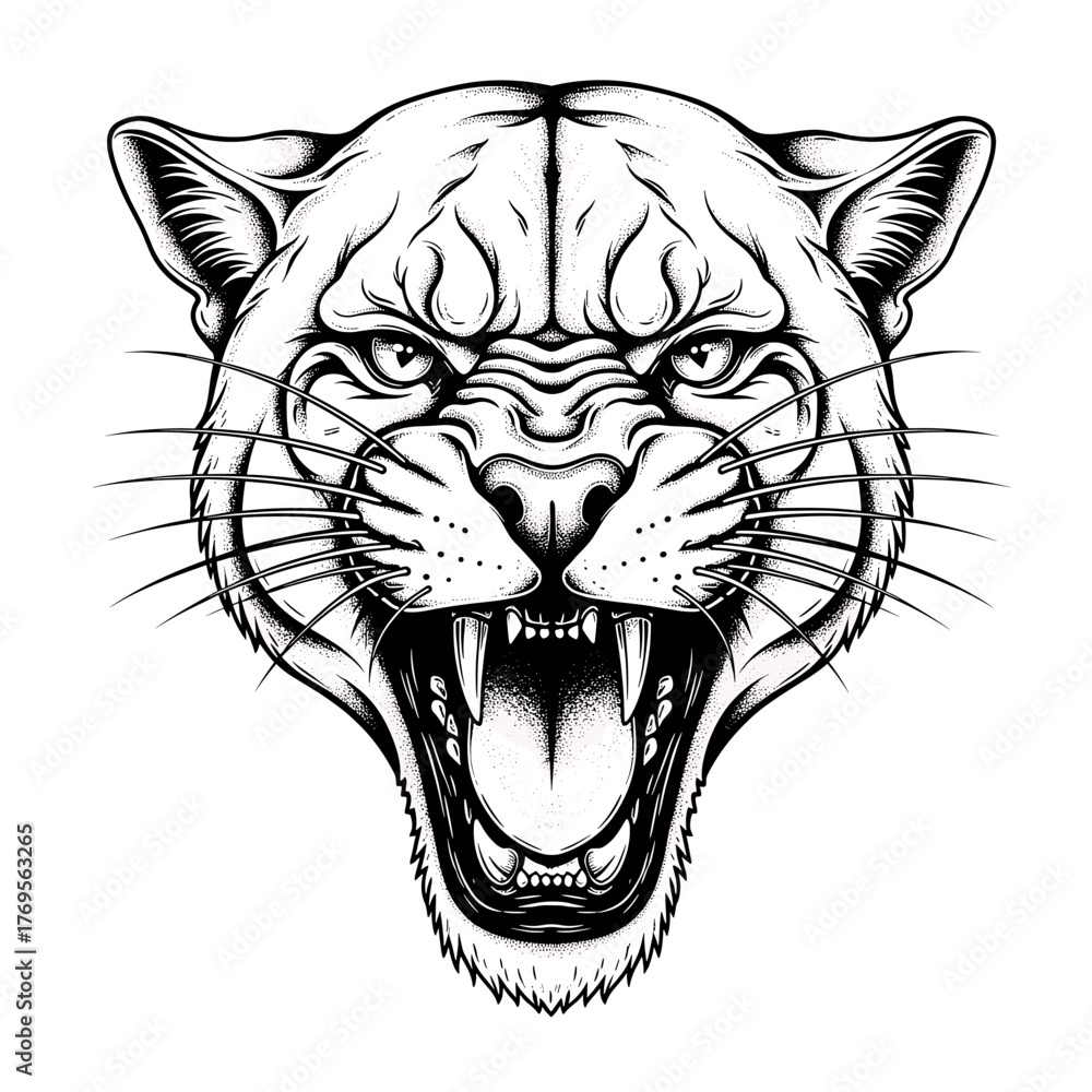 Obraz premium A black and white illustration of a snarling cougar head, showing its teeth.