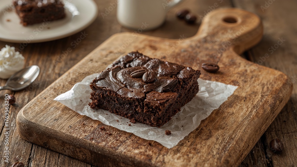 Fototapeta premium Chocolate brownie food, chocolate, background, wood, cake, breakfast, dessert, baked, biscuit, cocoa