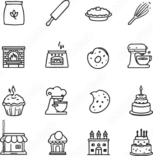 Baking icon grid — black and white illustration of flour, tools, baked goods, mixers, ovens, cakes, and storefronts