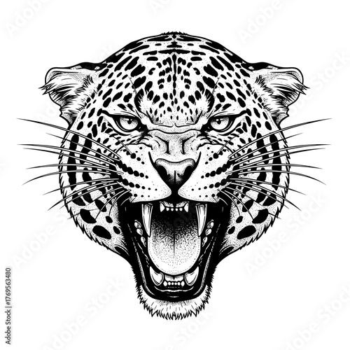 An angry leopard head with an open mouth and visible teeth, drawn in black and white.