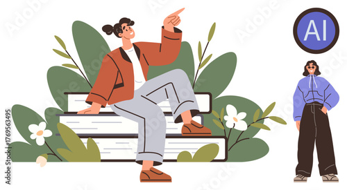 Woman in trendy outfit seated on stacked books, pointing forward amidst plants and blooms. Adjacent AI badge symbolizes intelligence. Ideal for education, learning, confidence, technology