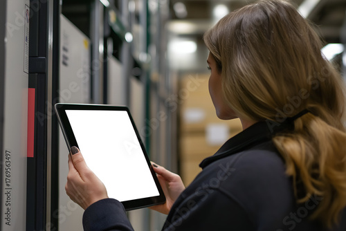 Rear view of a female warehouse worker holding a tablet with blank white screen while checking stock shelves. Represents logistics, technology integration, and digital warehouse management in modern i