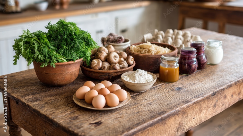 Fototapeta premium Fresh Ingredients and Wholesome Produce Arranged on Rustic Kitchen Table in Farmhouse Setting for Cooking and Culinary Inspiration