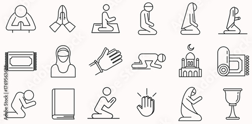 Islamic Prayer Icon Set ,Muslim Religion Vector Collection, Mosque and Faith Symbols , Ramadan and Hajj Vector Icons, Islamic Culture , Worship . Spiritual Outline Icon Pack