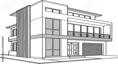 Modern Dwelling: Architectural drawing of a contemporary house, clean lines and sleek design, showcasing modern living with its innovative structure and stylish aesthetic.