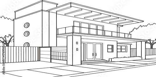 Contemporary Residential Blueprint: An architect's rendering unveils a modern two-story residence, characterized by clean lines, expansive windows, and a minimalist design.