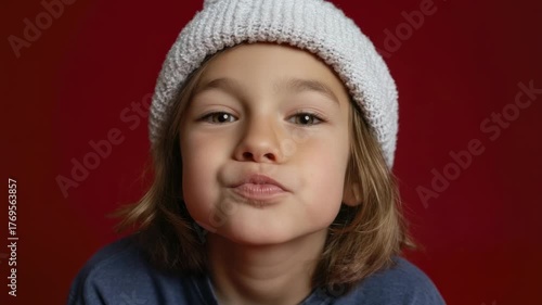 Child in a grey knit beanie and blue top makes a playful puckered lip expression against a dark red background