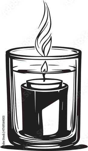 Burning candle in glass silhouette — black and white illustration of lit wax candle with flame and container for warmth and ambiance