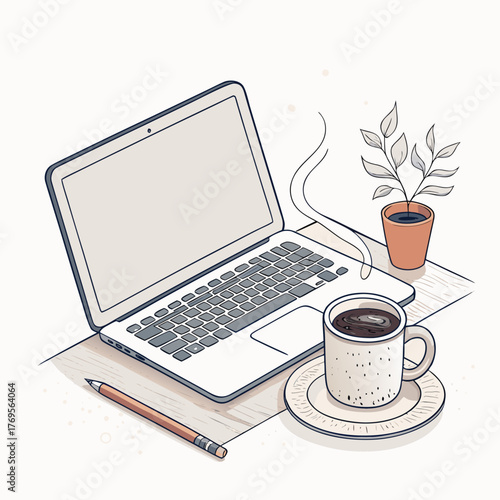 Minimalist workspace with a laptop and a cup of coffee, A concept of a clean home office, Line art vector illustration - Generative AI