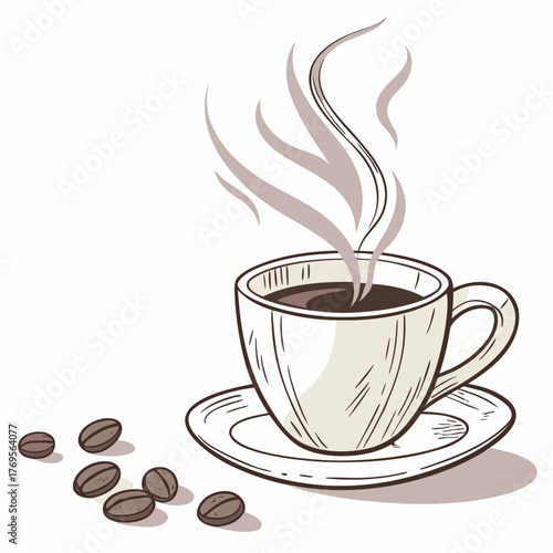 A hand-drawn cup of hot coffee with beans, Sketch style vector illustration - Generative AI