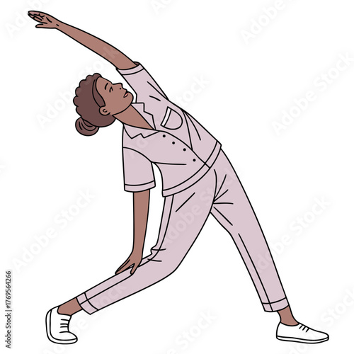 A woman in pajamas doing a yoga triangle pose, A concept of morning stretching and self-care, Vector illustration - Generative AI
