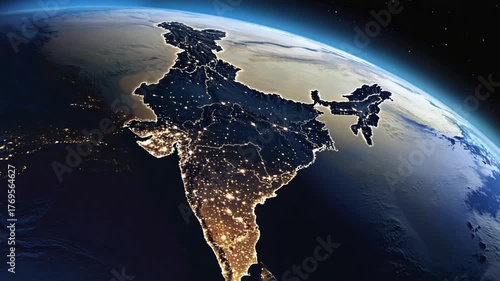 India map from space at the night orbit in video