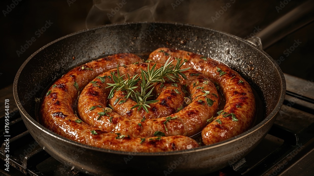 Fototapeta premium Grilled sausages with herbs are fried in a frying pan. High-quality photo