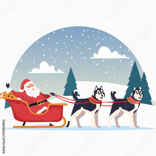 Minimalist Santa Claus Sleigh Ride with Huskies in Winter