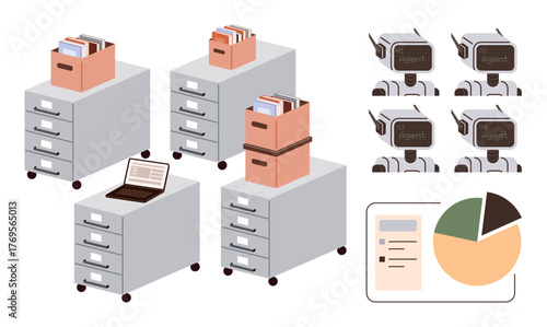 File cabinets, folders, and laptop highlight manual data organization, robots symbolize AI automation, pie chart represents data analysis. Ideal for technology, analytics, document management