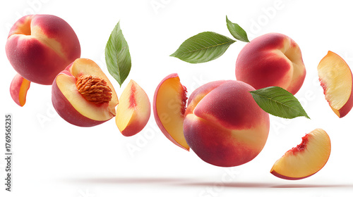 Fresh peach fruit with pit and green leaves close up.

Ripe peaches and slices isolated on white background
