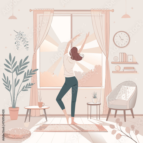 A woman stretching her arms in a sunlit room, A concept of waking up to a new day, Vector illustration - Generative AI