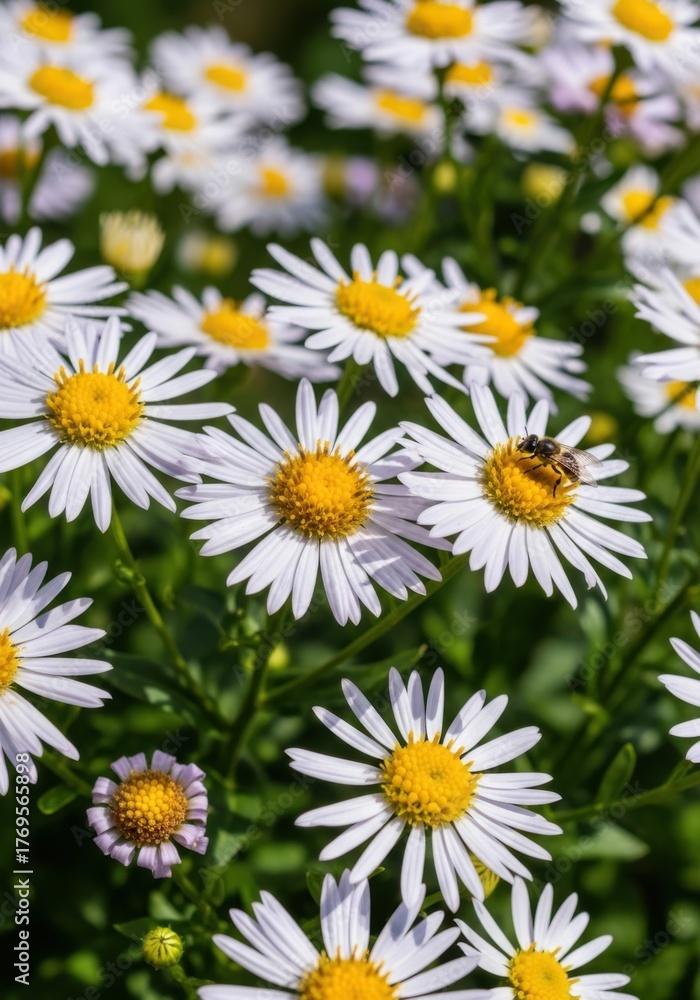 Fototapeta premium Close up of a bee pollinating white daisies in a sunny garden