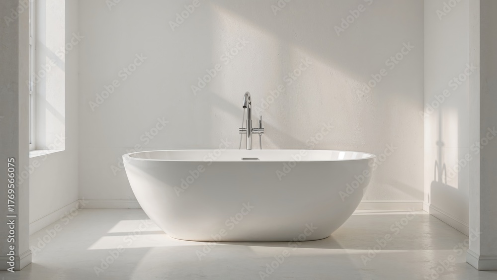 Fototapeta premium Modern white bathtub in a bright, minimalist bathroom setting with natural light.