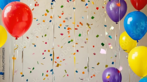 Festive balloons red blue yellow purple floating against textured wall with colorful confetti