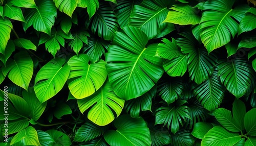 Wallpaper Mural Vibrant green tropical leaves in lush, dense arrangement,  vector,  art Torontodigital.ca