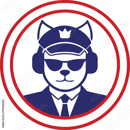 Cool feline police officer wearing sunglasses and uniform within a protective red circle emblem