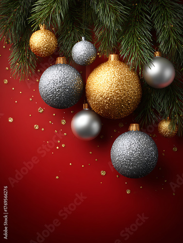 Elegant red Christmas composition with golden baubles and pine leaves, perfect for holiday greeting cards or festive posters