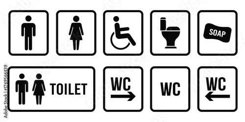 Toilet icons set. Men and women restroom icon sign with right and left arrow. Disabled wheelchair icon. Male and female restroom. 
